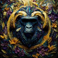 Jungle Deity: Fierce Primal Face Surrounded by Lush Foliage
