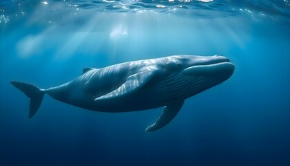 Fototapeta premium Large whale swimming peacefully in open blue ocean water, captured mid-motion with visible fins and body in a natural marine environment