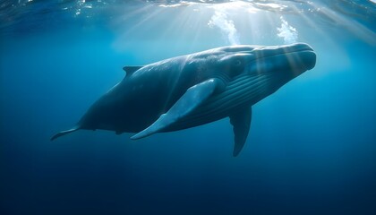 Obraz premium Underside view of a humpback whale swimming in clear ocean water with sunlight shining through the surface and highlighting the whale's body