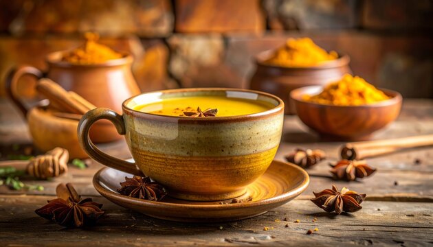 C&uacute;rcuma latte brillante con espuma cremosa en taza artesanal, fondo de madera c&aacute;lido con ingredientes naturales y detalles suaves desenfocados