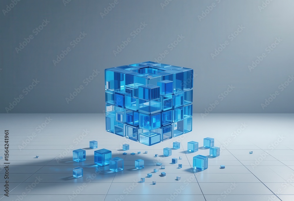 Fototapete deconstructed blue cube with floating blocks conveying complex dynamics