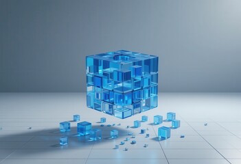Deconstructed blue cube with floating blocks conveying complex dynamics