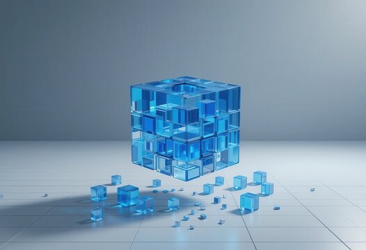 Deconstructed blue cube with floating blocks conveying complex dynamics - Powered by Adobe