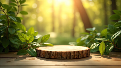 Natural forest-inspired product display scene with empty wooden platform on rustic table, surrounded botanical elements and warm sunlight background ideal for skincare or cosmetic advertising layout