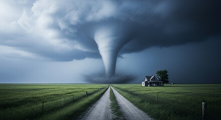 Dramatic Tornado Approaching Rural House Across Field Landscape Photo