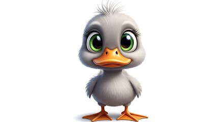 Obraz premium Adorable cartoon duckling with large eyes, fluffy grey feathers, and an orange beak, standing against a white background.