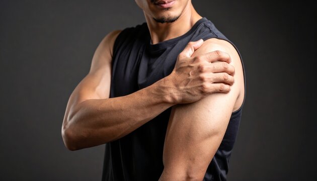 Hombre musculoso con gesto de dolor o molestia en el brazo, en fondo neutro, representando esfuerzo f&iacute;sico o lesi&oacute;n muscular
