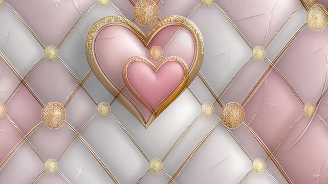Pink and white quilted pattern with gold accents and a heart design.
