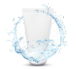 Tube of cream and water splash on white background. Stylish presentation for cosmetic product
