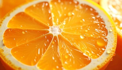 Rodajas de naranja jugosa con gotas de agua y fondo iluminado, mostrando frescura y textura cítrica en primer plano