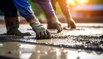 Manos con guantes extendiendo cemento fresco en obra al aire libre con luz de atardecer brillante, representando trabajo manual y construcción en proceso
