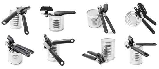 Can opener and tin isolated on white, collage