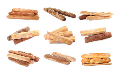 Different types of fresh baguettes isolated on white, collage