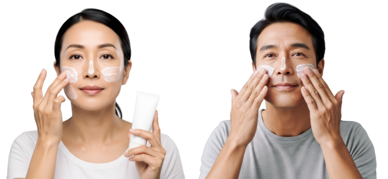 Adult Asian Couple Applying Sunscreen on face