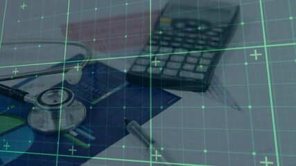 At start green grid scanning chart with stethoscope and calculator to visualize financial data flow - Powered by Adobe