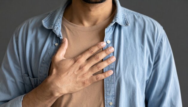 Hombre con postura erguida y mano en el t&oacute;rax, evocando fuerza interior, confianza y conexi&oacute;n emocional
