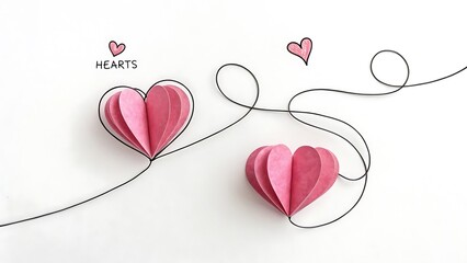 Fototapeta premium Continuous line heart shape border with realistic paper heart on white background for valentines, women, mother day greeting invitation graphic design