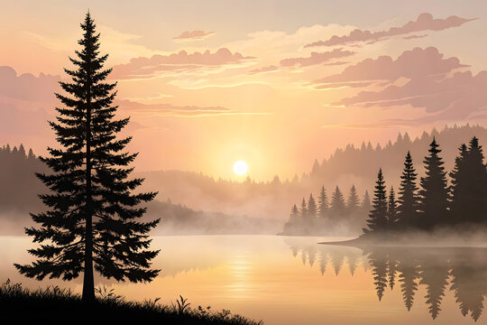 Serene lake at sunrise with silhouetted pine trees and misty forest background