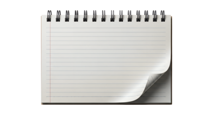 A blank page from a lined spiral-bound notebook with the corner turned up, isolated on a white background