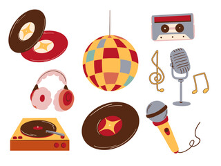 Doodle Style Retro Music Collection. A playful collection of retro music themed doodle illustrations including vinyl record, cassette tape, disco ball, microphone. Perfect for nostalgic audio projects