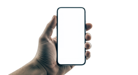 Close-up of a hand holding a modern smartphone with a blank white screen, isolated on a clean white background. This provides a perfect mockup space for app interfaces, websites, and digital designs