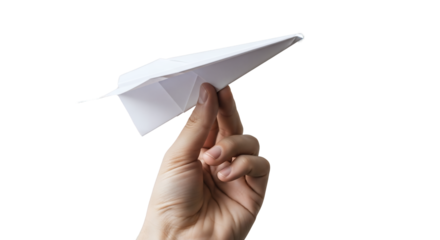 Close-up shot of a hand holding a white paper airplane. The paper airplane is in mid-flight, against a white background. Concept of creativity, freedom, imagination, and dreams