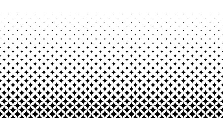 Geometric gradient halftone pattern with black star and petal shapes fading upward, modern vector design for wallpaper, packaging, or textile use