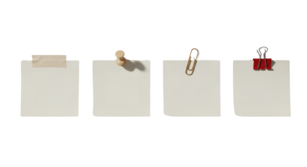Four blank square papers attached to a white background with diverse fasteners like tape, thumbtack, paper clip, and binder clip