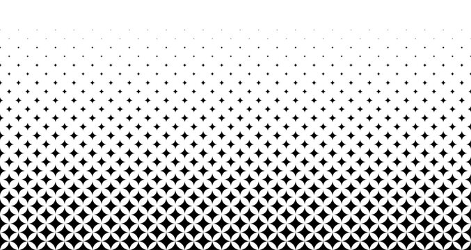 Geometric gradient halftone pattern with black star and petal shapes fading upward, modern vector design for wallpaper, packaging, or textile use