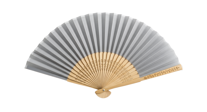 Studio shot of a folding hand fan isolated on a white background. The fan features a gray pleated silk paper and bamboo frame
