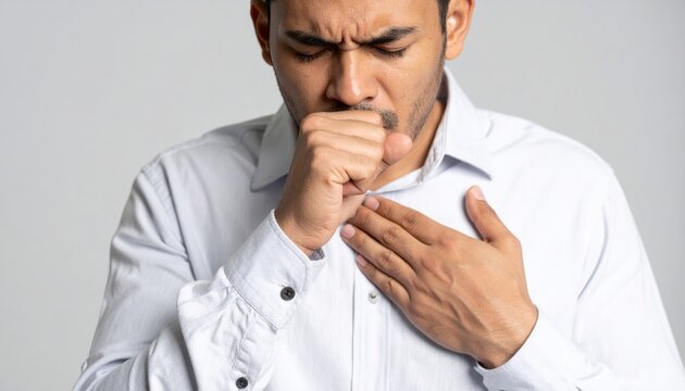 Hombre tosiendo y cubri&eacute;ndose el pecho con gesto de malestar pulmonar sin referencias m&eacute;dicas directas