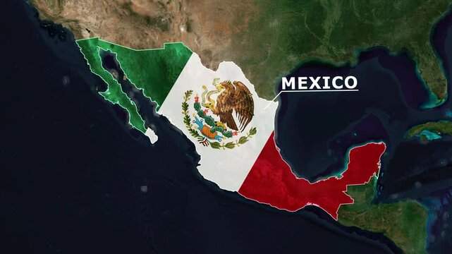 Zoom from Earth to Mexico. (Country Flag) World map animation with highlighted country borders. Satellite 3d world map animation highlights aerial views, tourism, and travel. 4k