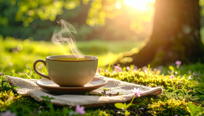 Taza de infusión caliente sobre superficie de madera en jardín al atardecer, vapor visible en escena cálida al aire libre