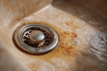 Close-up view of a dirty bathroom sink drain revealing grime, hair, and soap scum in soft pastel tones