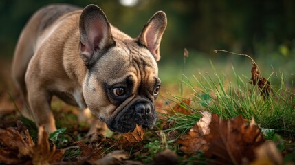 Fototapeta premium French bulldog enjoys a peaceful autumn moment sniffing fallen leaves amidst natural beauty