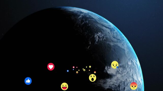 Dots emerging at terminator forming emoji cluster drifting across rotating Earth for social media