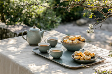 Outdoor tea set with rustic ceramic cups and homemade cookies on a textured linen tablecloth under a blooming branch. Concept of seasonal outdoor hosting with natural textures and mindful slow moments