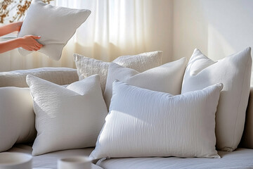 White textured pillows arranged on a neutral sofa, with one gently held in hand during home preparation. Concept of decluttered soft hosting and welcoming atmosphere through tactile comfort and care