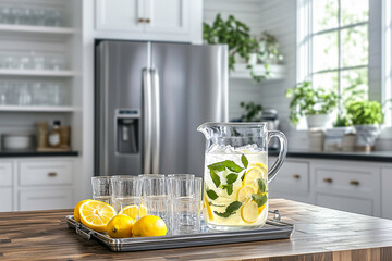 Pitcher of lemon mint water lemonade and glasses on metal tray in bright white kitchen with green plants. Concept of refreshing summer beverages, hospitality and guest preparation with seasonal drinks
