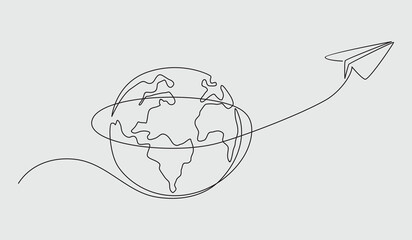 One continuous line drawing of Earth globe with paper airplane.
