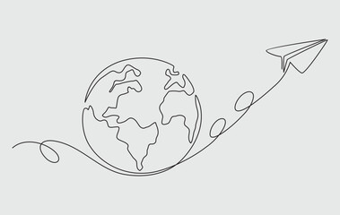 One continuous line drawing of Earth globe with paper airplane.