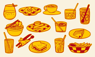 Retro Line Art Food And Drink Cafe Pack. A bold collection of retro line art food and drink illustrations including coffee ramen cake fries cocktails. Perfect for cafe menus branding snack visual