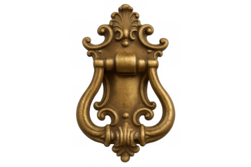 Vintage brass door knocker with ornate detailing, showcasing traditional craftsmanship against transparent isolated surface