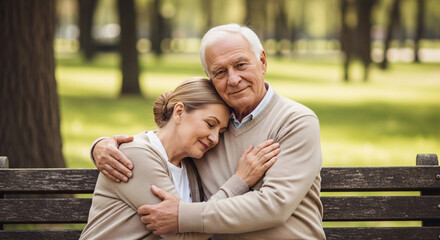 Elderly couple embracing on a park bench with the woman resting her head on the man's shoulder outdoors