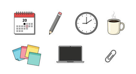 Vector office desk essentials illustration with calendar, laptop, coffee, clock, pencil, notes, and clip icons