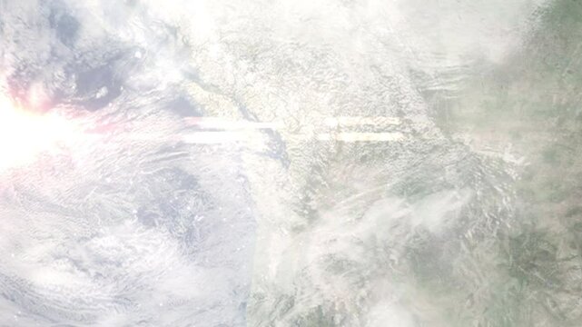 Earth zoom in from space and focus on Everett, Washington, USA. Background for travel intro or blog. Satellite view. 3D style Animation. Images from NASA.