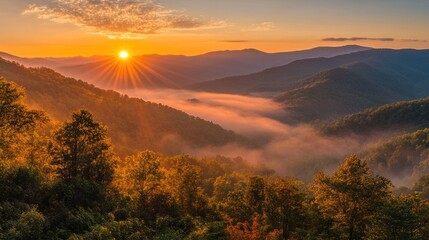 Sunrise over misty Appalachian mountains