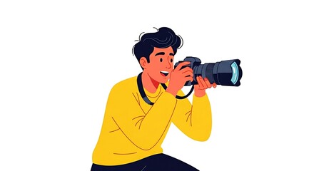 Fototapeta premium A cartoon man in yellow shirt holding a camera with a strap around his neck and smiling happily