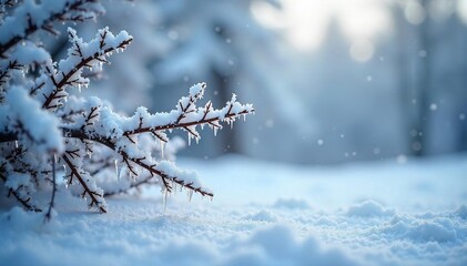 Glistening Ice Crystals on Snow-Covered Branches A Frozen Landscape Under Heavy Snowfall