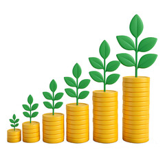 Stacks of gold coins grow taller from left to right, each topped with a green plant.